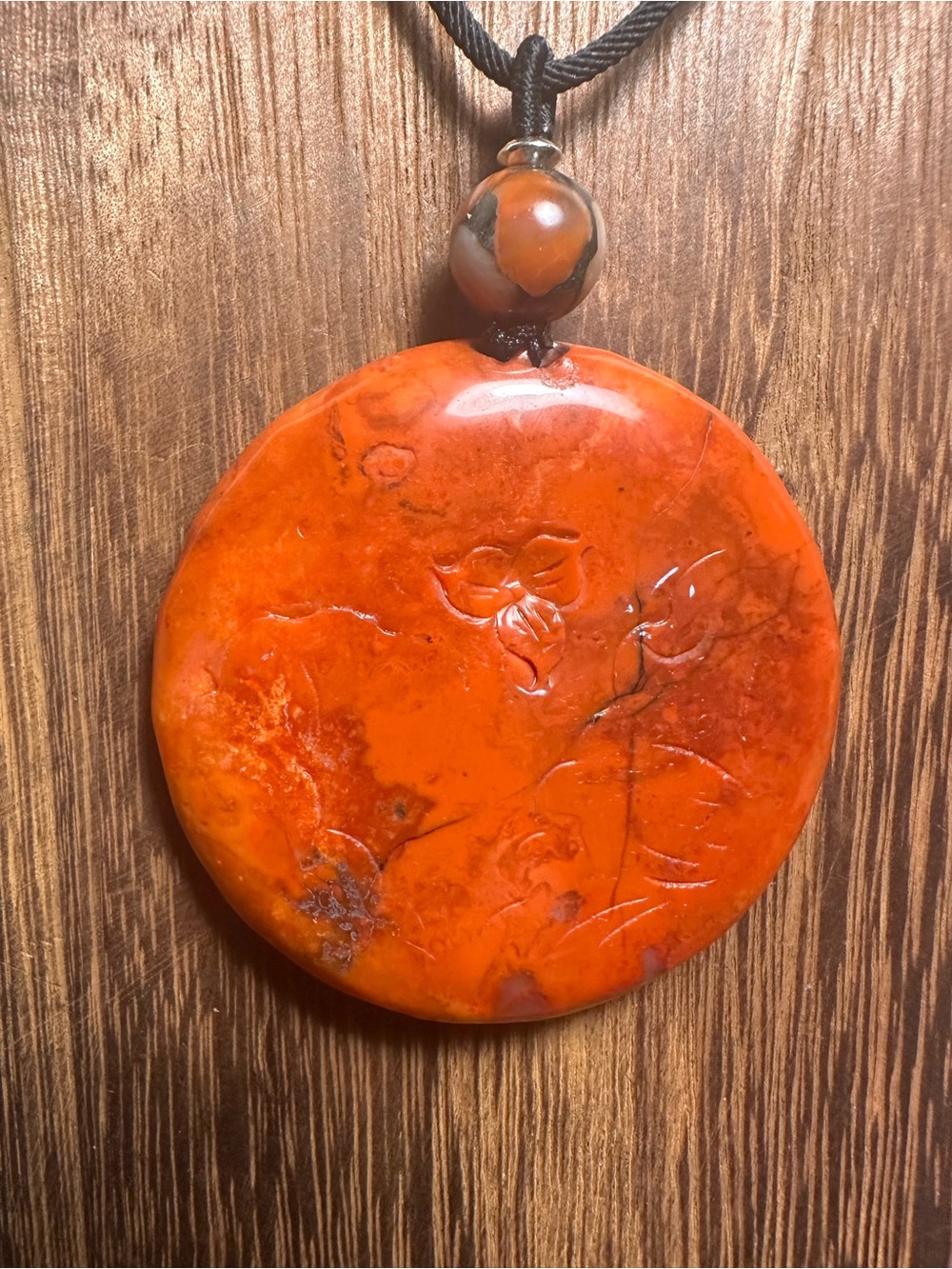 Large Round Red Agate Lotus and Dragonfly Pendant Necklace on Black Rope - Picture 8 of 13